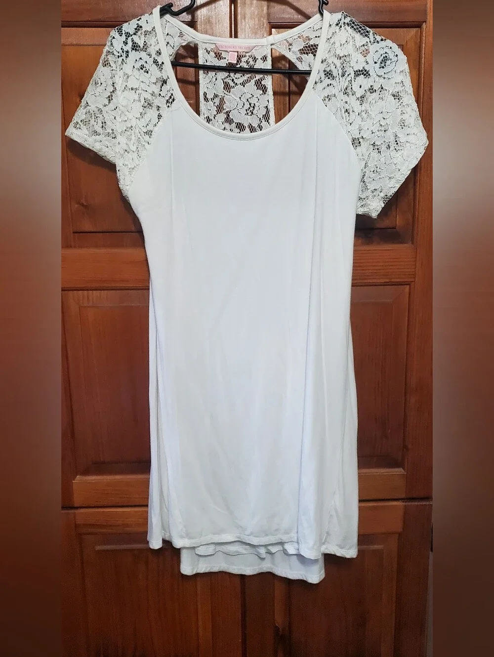 Victoria's Secret White T-Shirt DressWith Lace "T-back" & Lace Sleeves - Picture 1 of 4